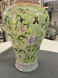 A Chinese famille rose lime-green-ground vase, Qianlong mark, 19/20th C.